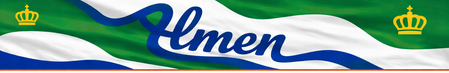 De Almense vlag: groen, wit en blauw, met gele kronen en Almen in het midden